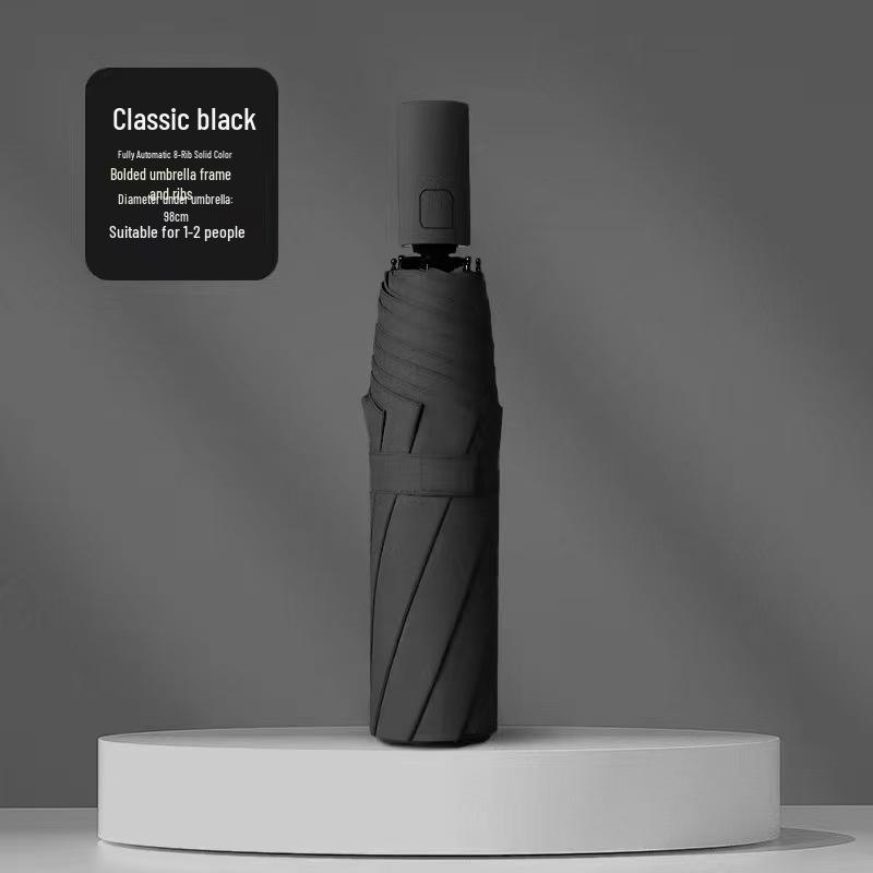 Vollautomatischer dreifach faltbarer UV-Schutz-Schirm mit schwarzem Kleber und Logo für Regen oder Sonne