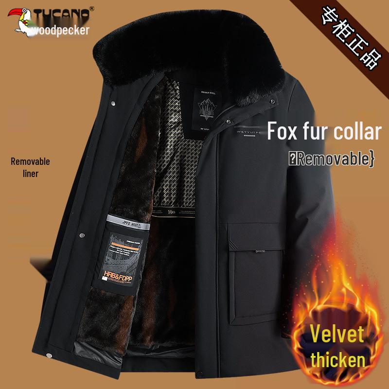 Men's Woodpecker Plus Velvet Mid-length Jacket with Hood, Detachable Liner, Cotton Winter Coat for Middle-aged and Elderly