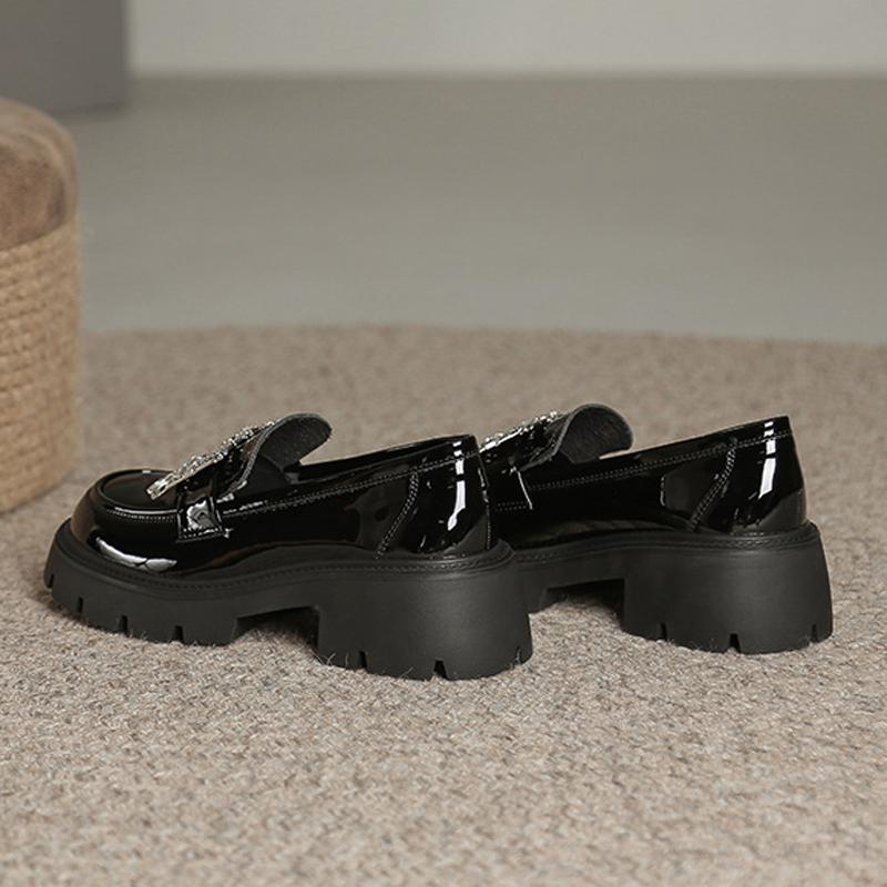 Rhinestone Buckle Small Leather Shoes Woman Japanned Oxford Platform Flats Ladies Thicken Sole Loafers Wide Feet Sneakers Female