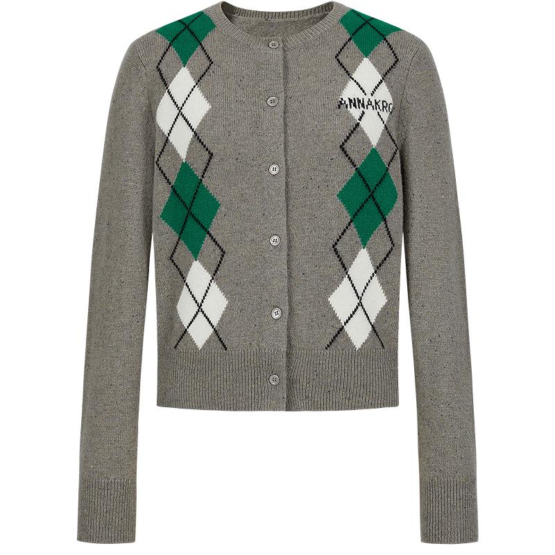 

Jiuzi Annakou Women s Argyle 100% Wool Knitted Cardigan XL