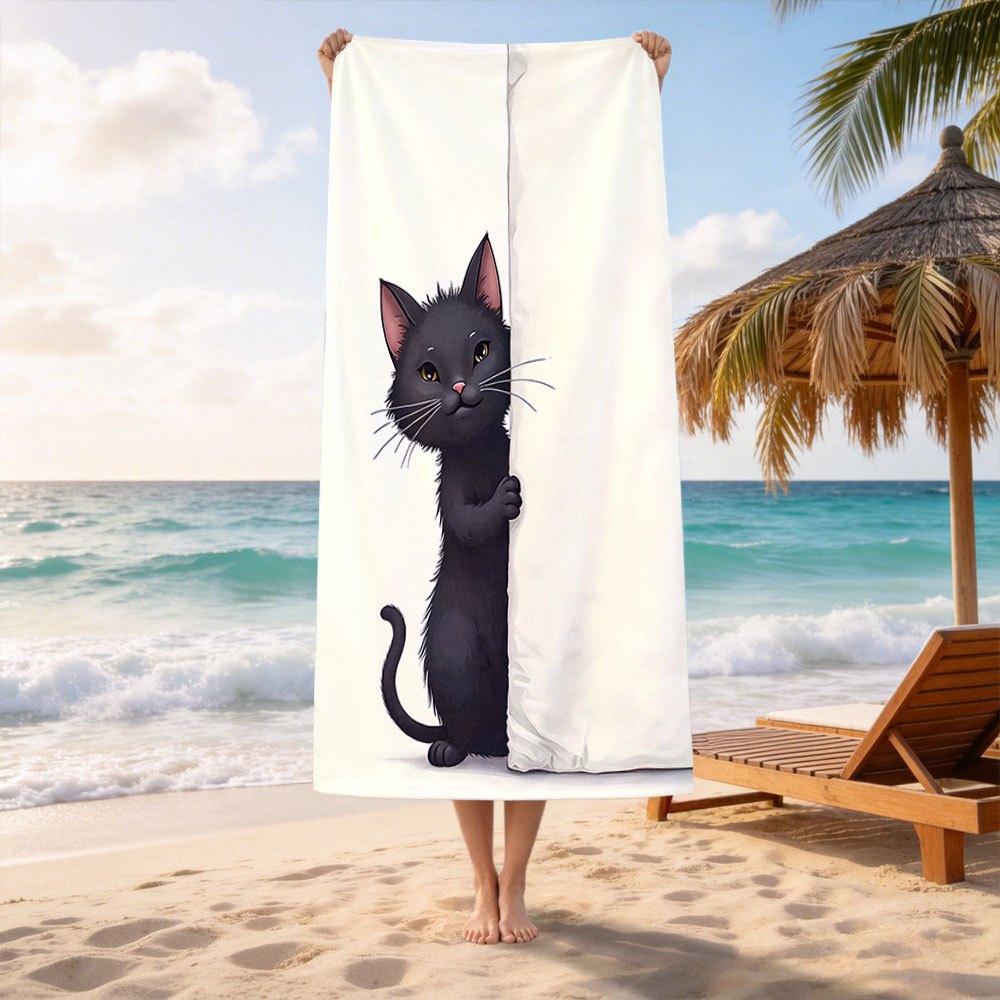 Funny Black Cat Beach Towel - Peeking Cat Print, Cute Pet Design, Soft Microfiber, Multiple Sizes