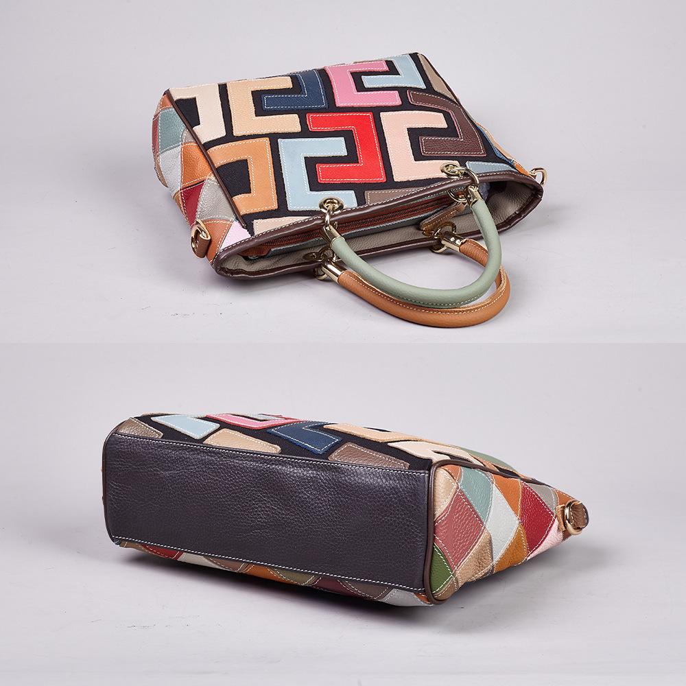 Echtes Leder Damen Ethno-Stil Colorblock Crossbody Schultertasche