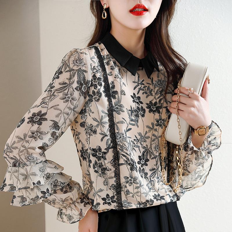 

Новая рубашка с оборками, дизайн нишевой модной рубашки, большой размер, свободная рубашка для женщин, уменьшающая возраст 3XL