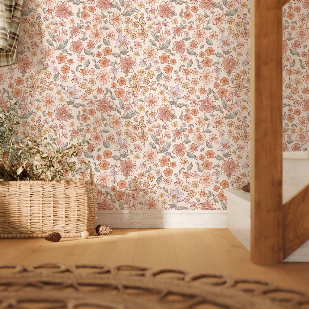 Vintage Pink Floral Wallpaper Peel and Stick Wall Paper Blossom Renter Friendly Self Adhesive Contact Paper for Kid's Bedroom