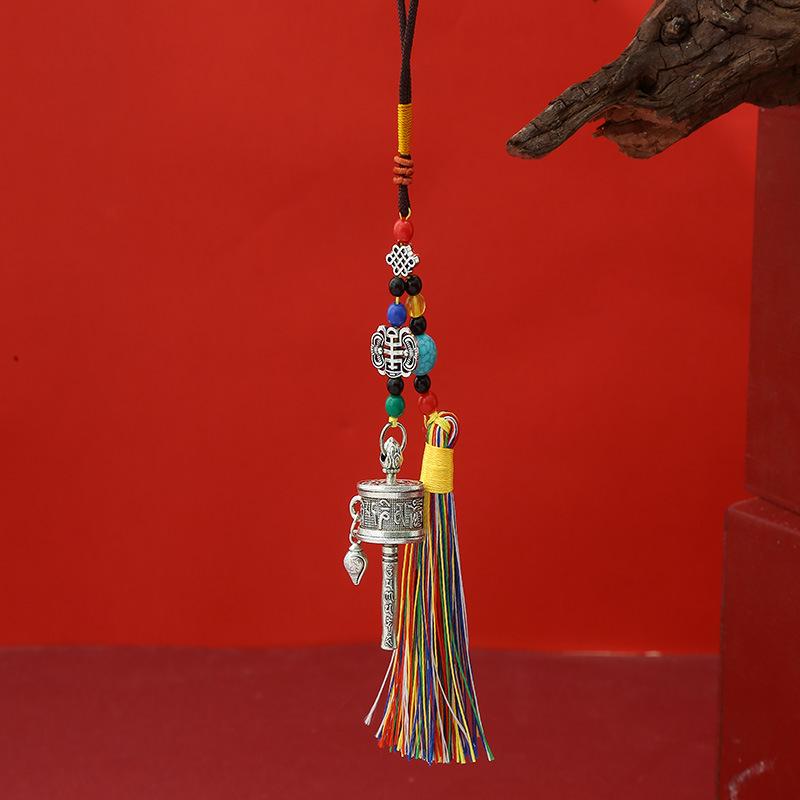 Tibetan Six-Character Mantra Hand-Cranked Wheel Keychain Pendant with Tassel