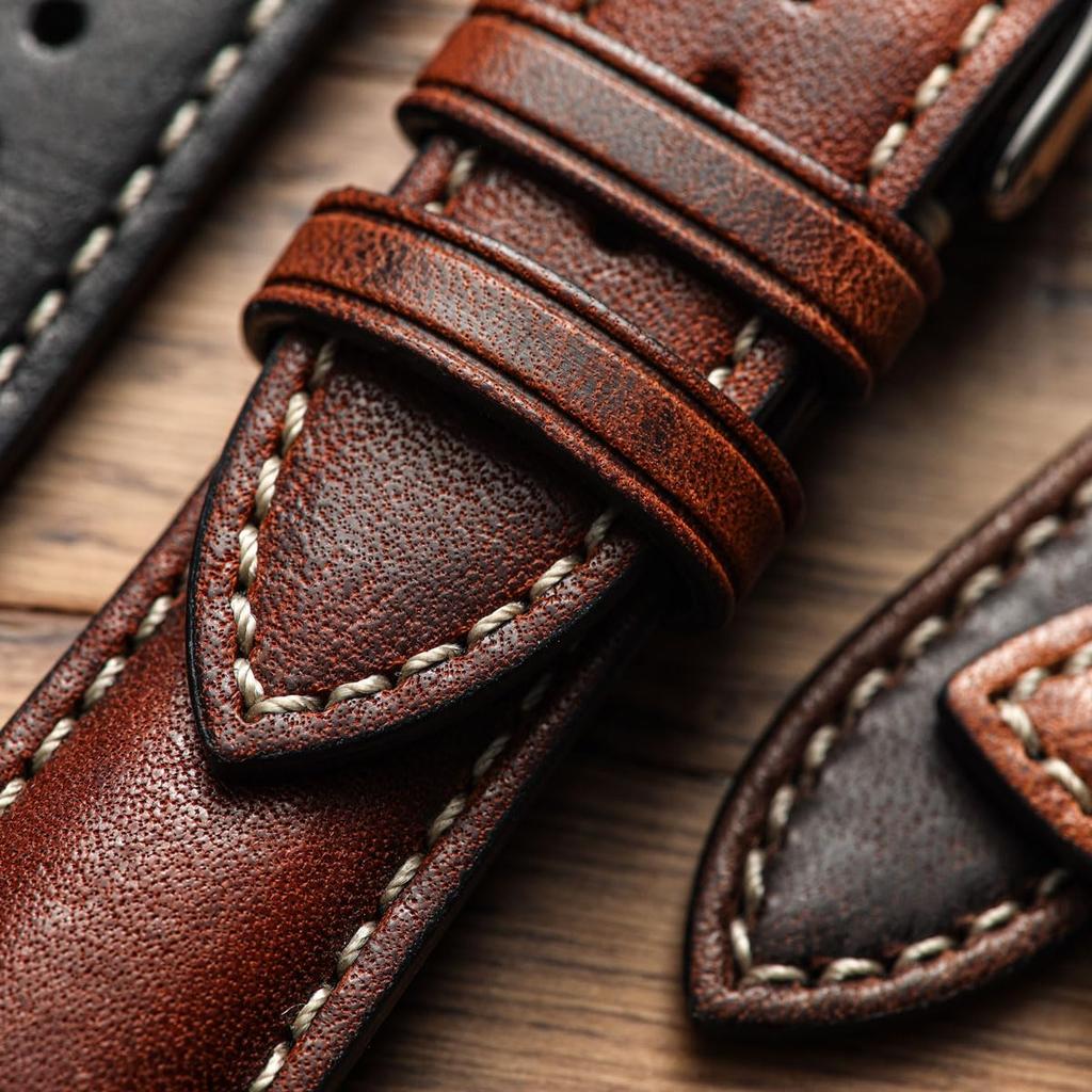 WatchGecko Vintage Highley Italian Leather Watch Strap 20mm (Red Brown, Quick-Release)