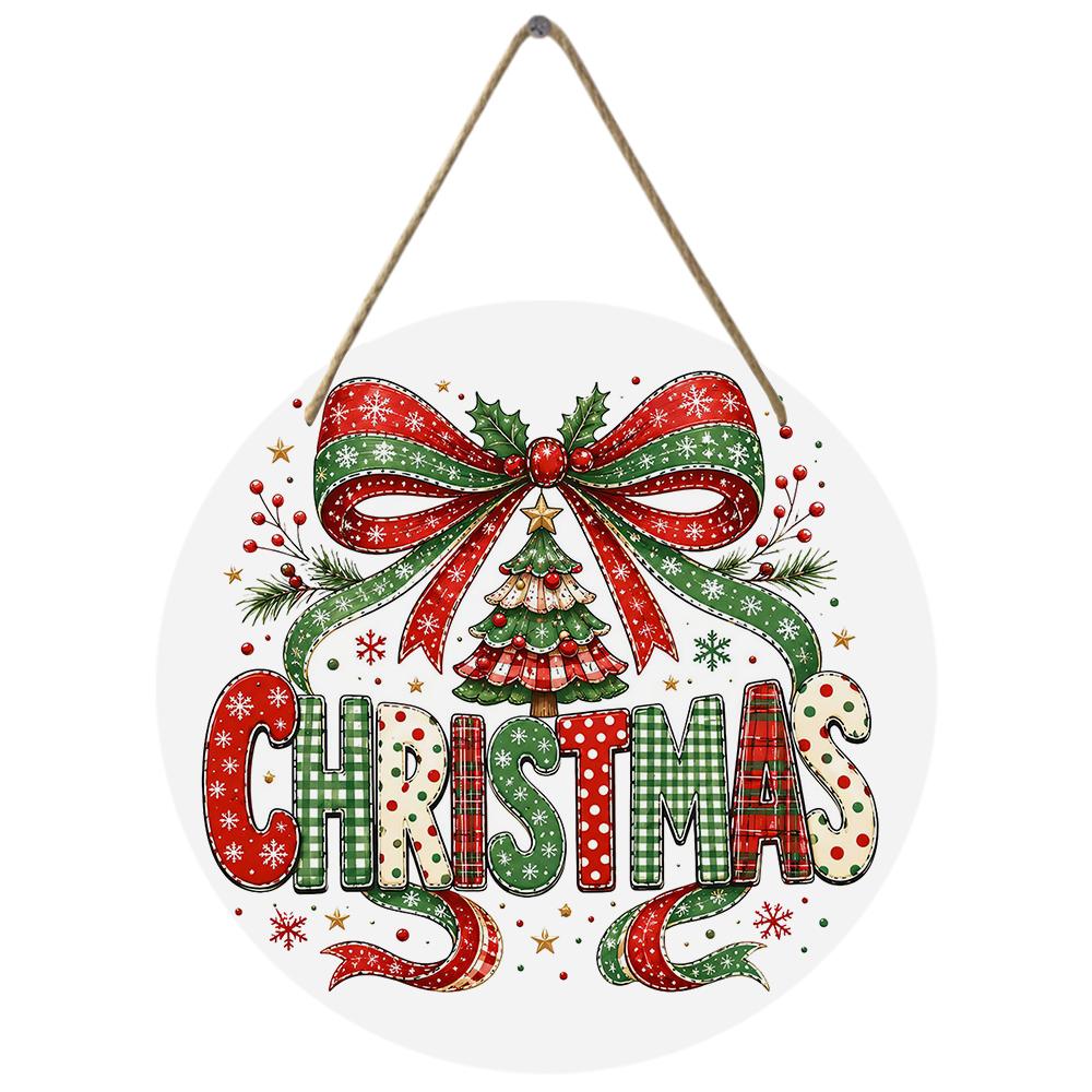 Festive plaid Christmas tree printed round wooden hanging plaque natural wood sign wall door decor indoor home holiday party ornament decoration