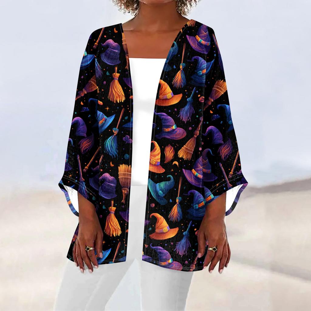 Women's Casual And Fashionable Halloween Printed Lightweight Mid Length Jacket Cardigan