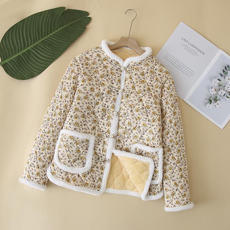 Women's Stand Collar Floral Padded Jacket - Chinese Style Winter Coat with Retro Frog Buttons and Ethnic Design, Plus Velvet for Warmth.