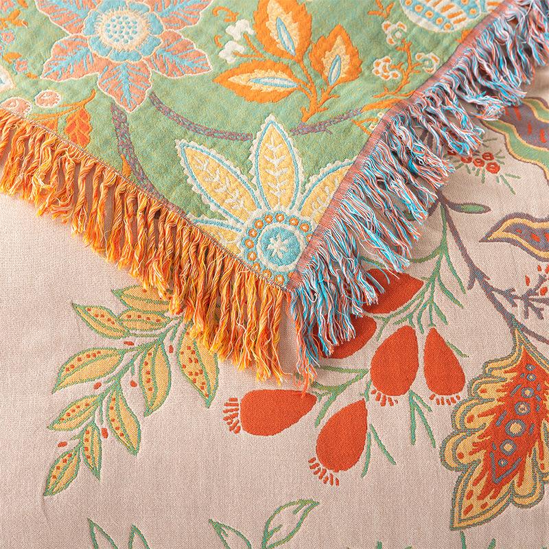 Bavlněná přehozová deka s květinovým vzorem a třásněmi Oboustranná ručníková přikrývka Pokrývka na pohovku Měkká pohodlná pro domácí denní použití