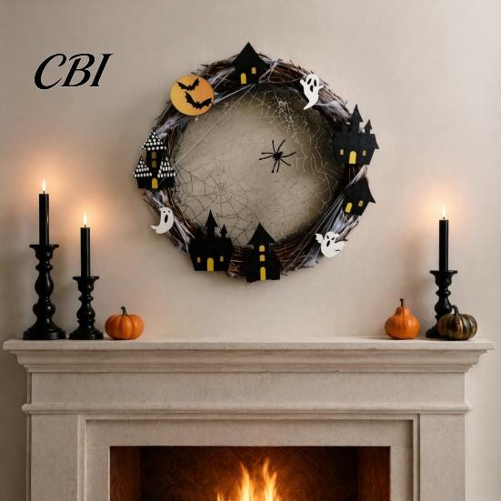 Fireplace Mantel Decoration Halloween Spider Web Wreath, Spooky Vine Branch Wreath with Ghost Castle Door Hanger Bat for Front Door, Farmhouse,
