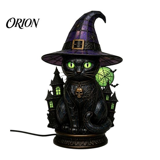 Atmosphärische Beleuchtung für Schlafzimmer Schwarze Katze Hexenhut Tischlampe, mit verträumtem lila Licht, dunkle Ästhetik Gothic Ornament Retro Halloween Ornament,