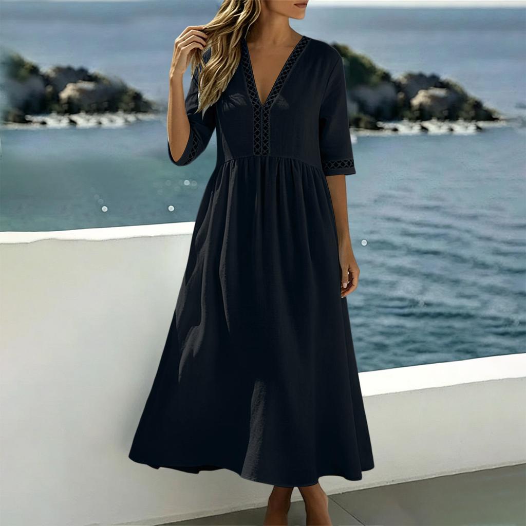 Women Casual Loose Fit V Neck Short Sleeve Dress Cotton Linen Blend Midi Length Summer Dress with Lace Trim Detailing