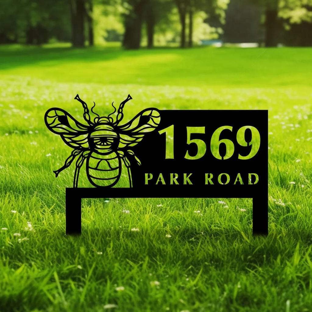 Metal Garden Sign Personalized Yard Decor Outdoor Art Stake Customizable Bee Design