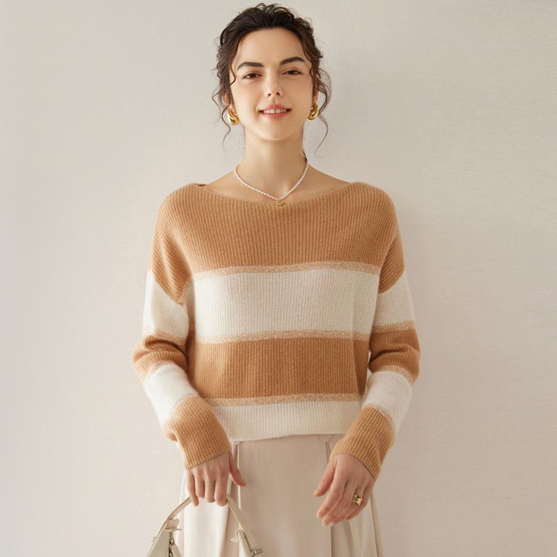 Women's Off-Shoulder Striped Cashmere Sweater - Long Sleeve Knit Pullover