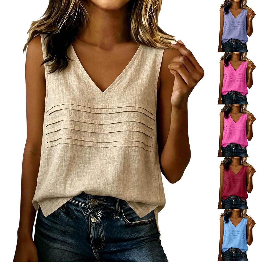 Women Sleeveless V Neck Casual Tank Top Lightweight Linen Blouse Summer Shirt with Pleated Front Design for Daily Wear