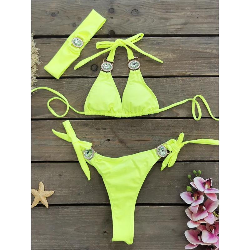 Luksusowy Bikini 2025 Kobiety Neonowy Zielony Gradientowe Dżety Push Up Mikro Kostium Kąpielowy Plażowy Kostium Kąpielowy Diamentowy Pasek 3-częściowy Strój Kąpielowy