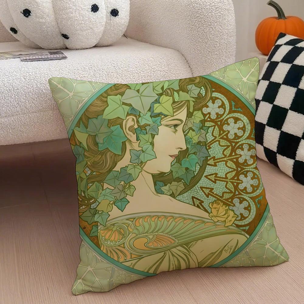 A-Alphonse Maria M-Mucha Cushion Cover Linen Pillow Case Soft Breathable Protective Couch Room Decoration