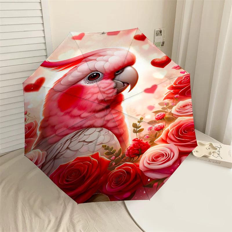 1pc Parrot Roses Automatic Folding Umbrella 8 Rib Iron Frame, Compact Portable Umbrella Suitable for Travel, Daily Use, Birthday, Women & Men Gift 080