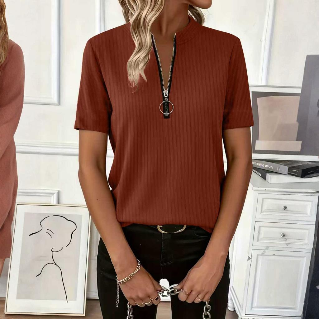 Womens Spring Tops with Zipper Neck Short Sleeve Design Summer Shirts for Women Womens Summer T Shirts Dressy Tops for Women