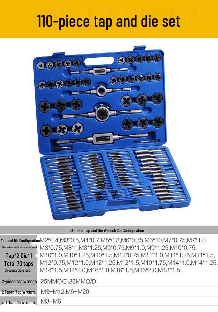 High-Speed Steel Taps & Dies Set: 5, 6, 7, 9-Piece with Tap Wrench and Threading Drill Bits.