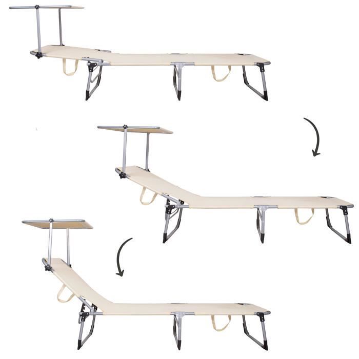 Chaise longue - SPRINGOS - Pliable avec pare-soleil - 188 x 57 cm - Métal - 100% polyester