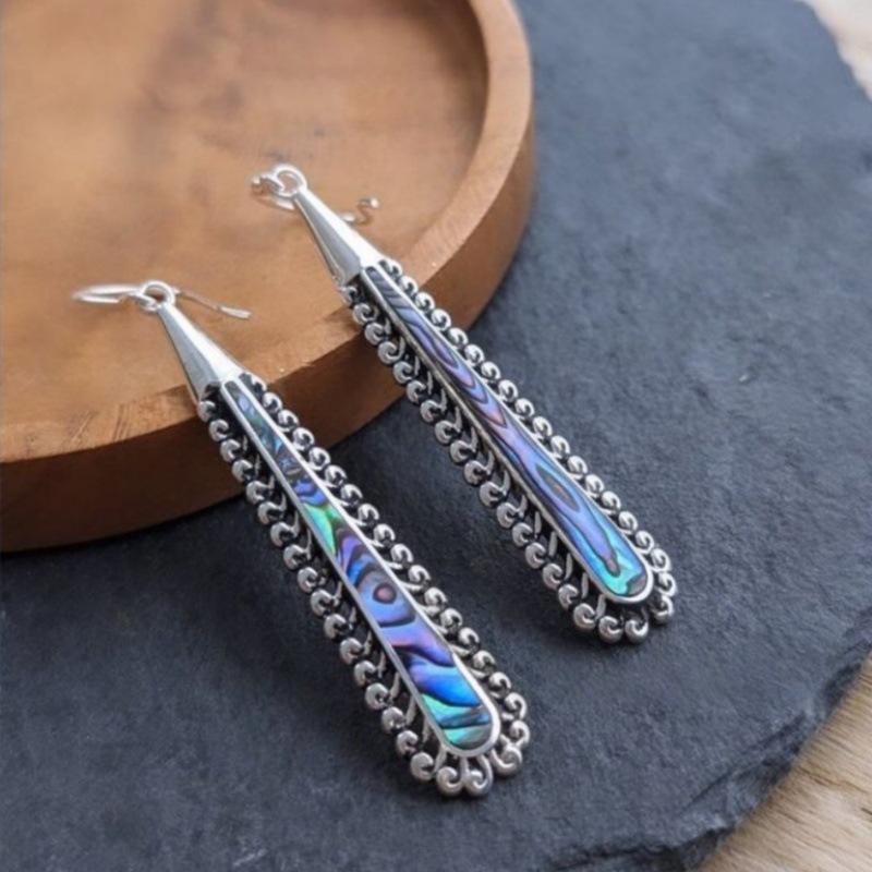 Ethnic Silver Color Metal Geometry Long Shell Earrings Inlay Multicolour Pattern Bohemian Dangle Earrings for Women Jewelry