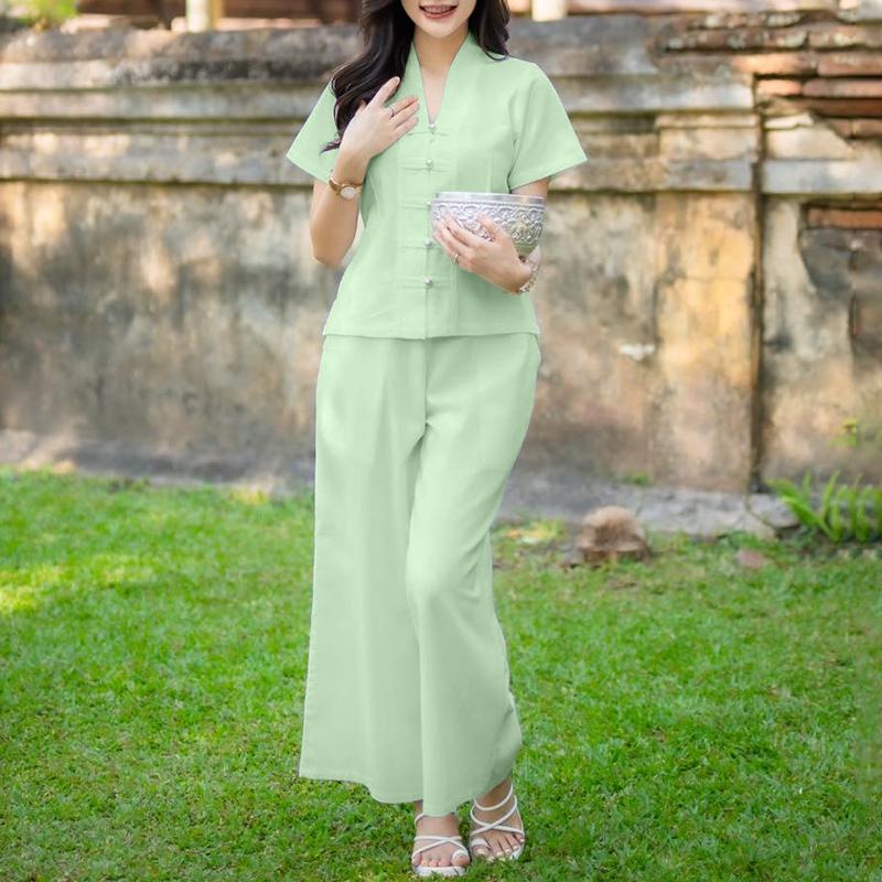 

ZANZEA Женская блузка с коротким рукавом и брюки Повседневные костюмы-двойки зелёный