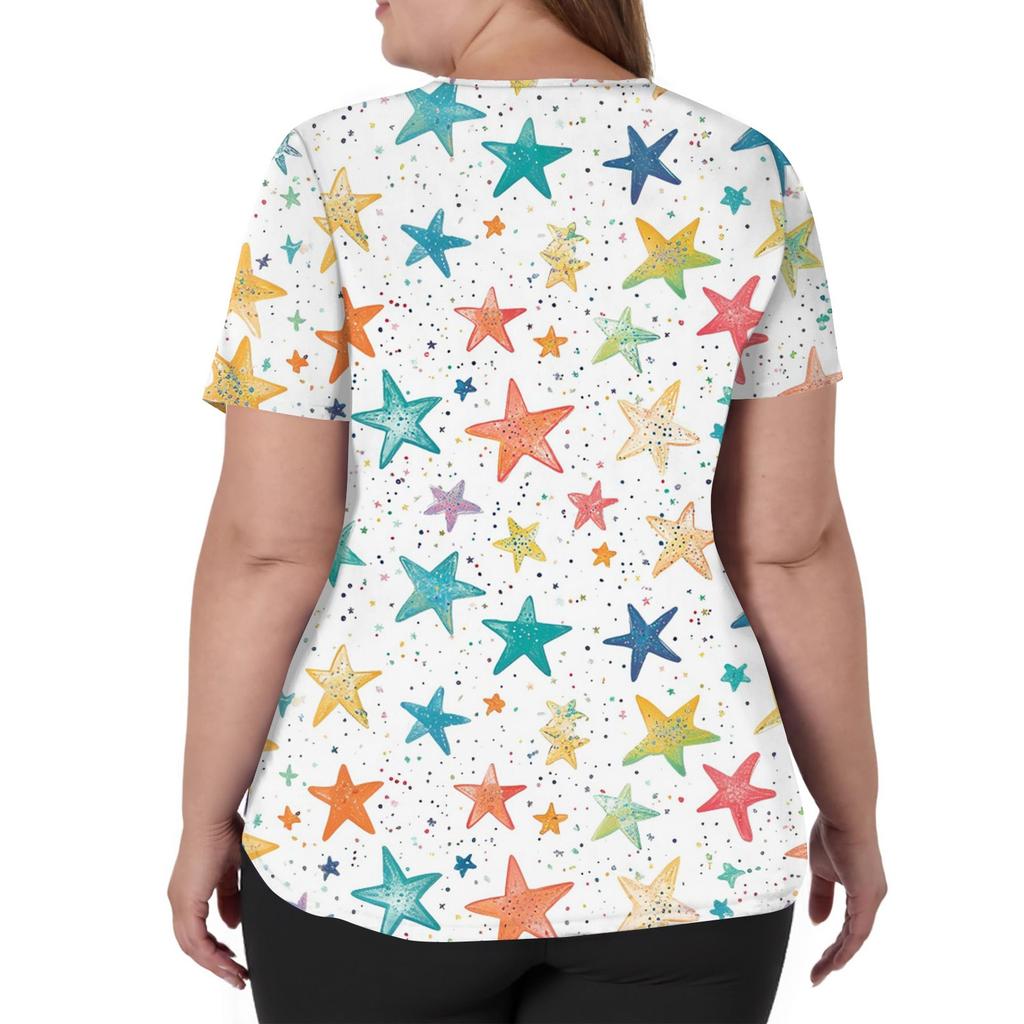 Damenmode V-Ausschnitt Kurzarm Overalls mit Taschen Print Tops Kleidung