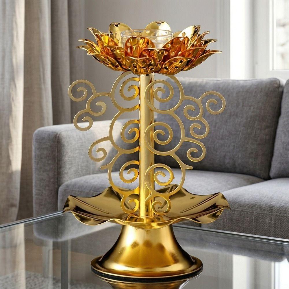 Zinc Zinc Alloy Lotus Candlestick Exquisite Gold Candle Holder Butter Lamp Holder  Table Centerpiece