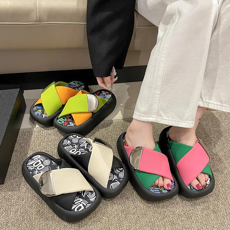 Fashion Female Shoes Summer Clogs Woman Multicolored Sandals Cross-Tied Low Ladies' Slippers Rubber Flip Flops Platform 2025 Beach