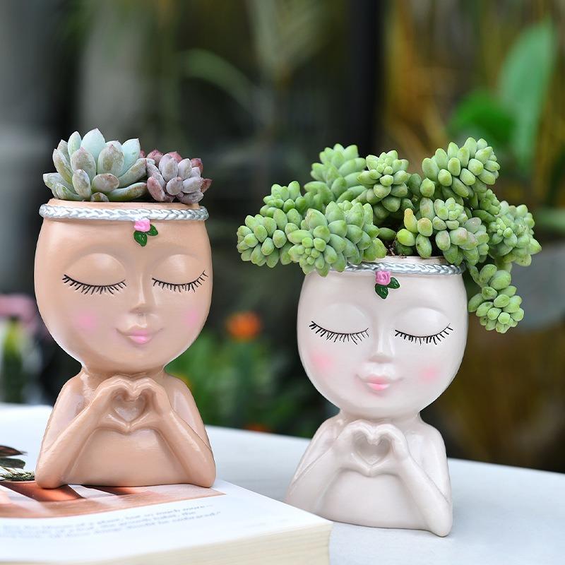 Creative Elegant Love Girl Meditation Potted Plant Embellishment Pink Rose Face Vase Indoor Outdoor Garden Decoration