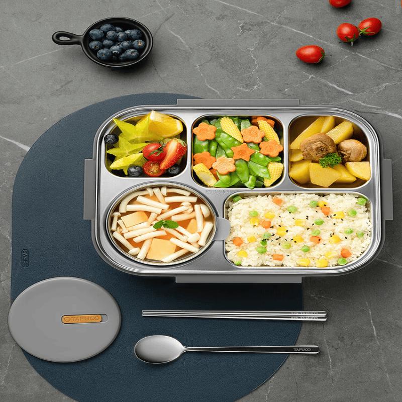 TAFUCO 304 Stainless Steel 5-Compartment Bento Lunch Box with Insulated Bag and Cutlery