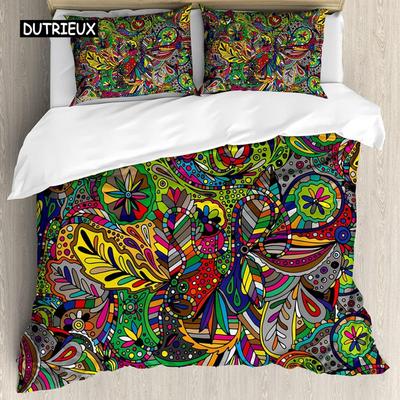 Barevný povlak na peřinu Funky Kudrnaté Detailní Čmáranice Zamotané Trippy Psychedelické Botanické Příroda Královna Král Polyesterový Povlak na Přikrývku