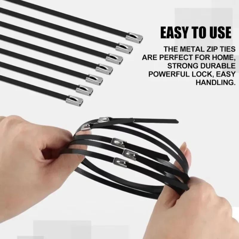 10/20/30/50pcs Stainless Steel Cable Ties Metal Self-locking Fastening Straps Black Heavy Duty Cable Wire Tie Exhaust Wrap Rings
