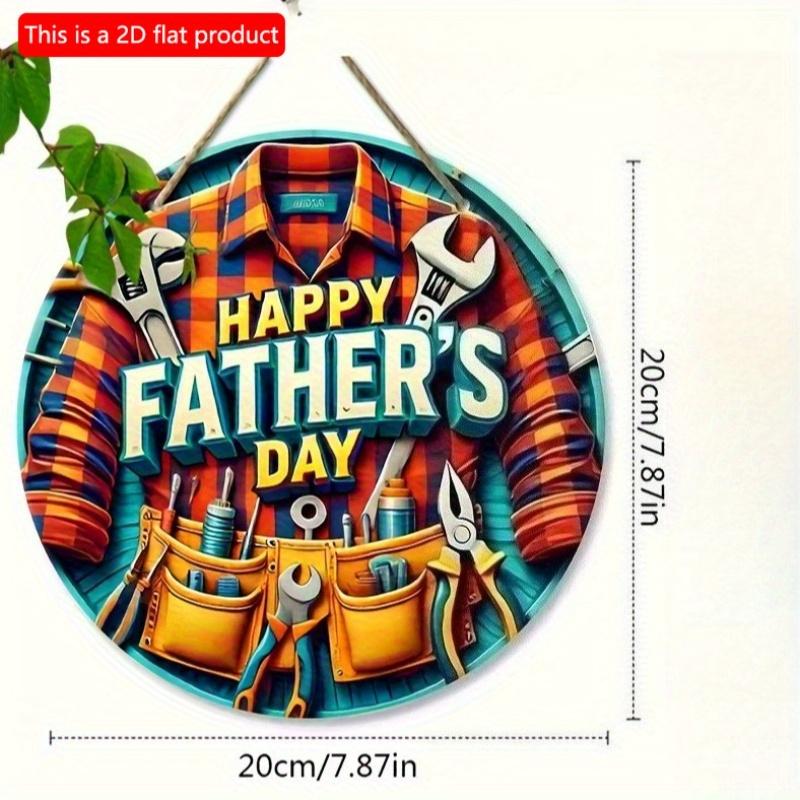 2d flat 20*20cm Vintage-Inspired Father'S Day Round Wooden Sign - Easy Hang, Colorful Tool Design with "Happy Father'S Day" Text, Ideal for Home, Bar