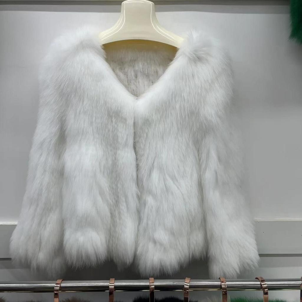 Real Fox Fur Woven Fashion Coat for Women Short Style Long Front and Short Back V-neck Fur Double-sided Young Top