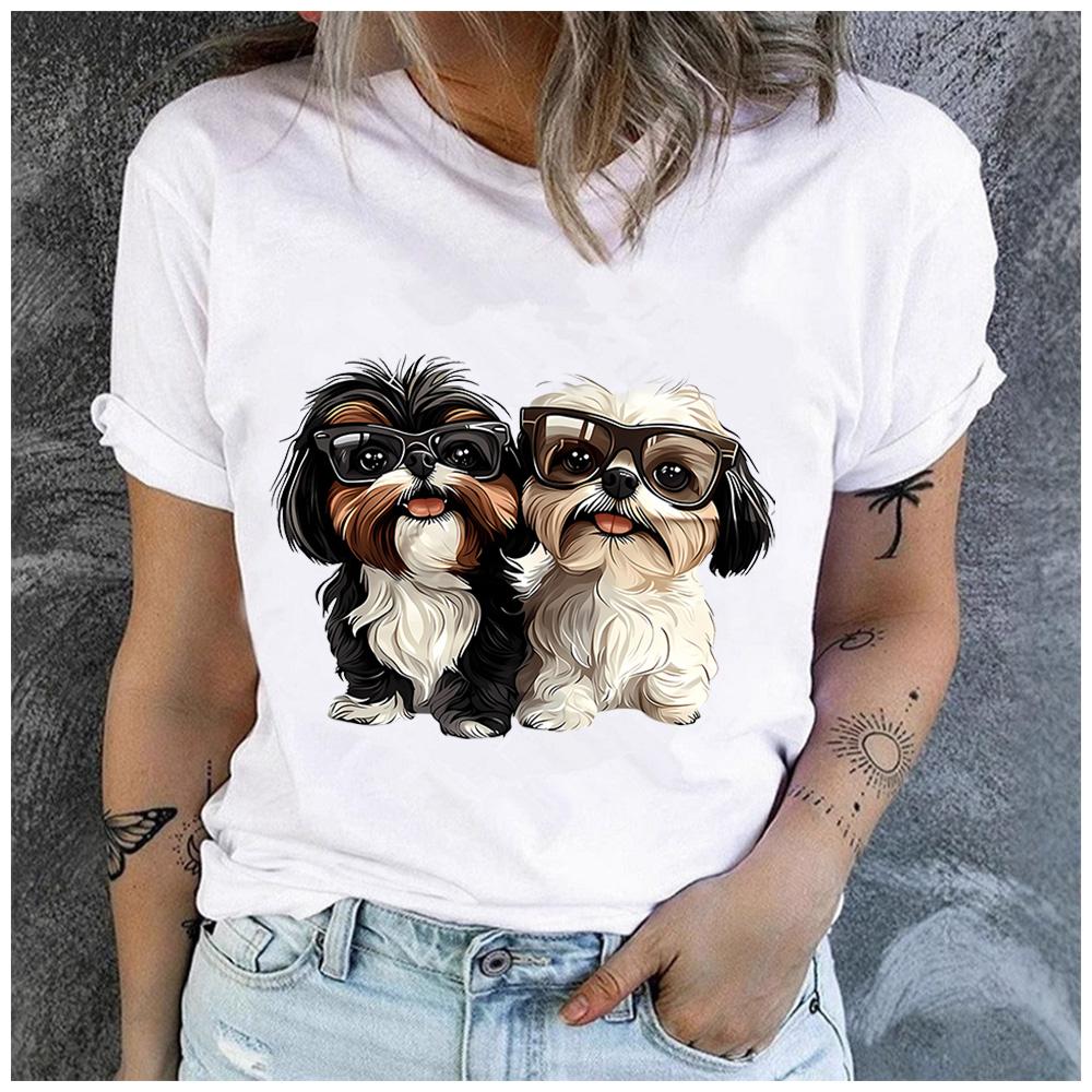 Cotton Cartoon Sunglasses Shih Tzu Pair Print T Shirt Women Lovely Fluffy Puppy Casual Daily Basic Short Sleeve Top