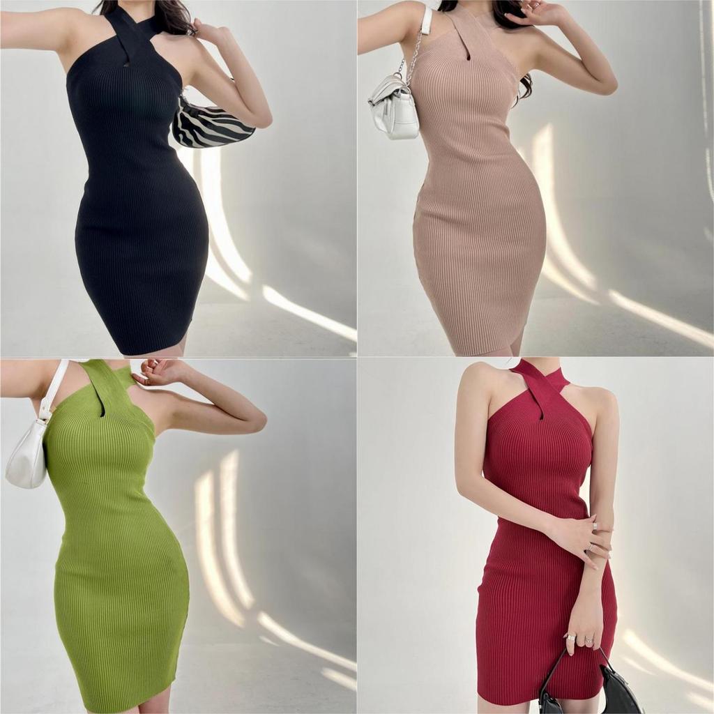 Summer Slim Knit Dress With Crosshalter Neck For Casual Women