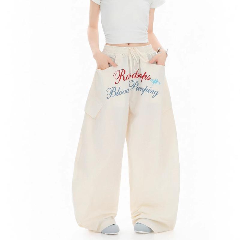 Vintage Embroidered Pleated Tooling Paratrooper Pants Female Hottie Loose Sports Casual Scimitar Pants Hip-hop Wide-leg Pants