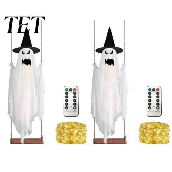 Altalena fantasma luminoso di Halloween con cappello da strega, altezza regolabile, Decorazioni per giardino festività spettrali controllate da telecomando, Luminosità,