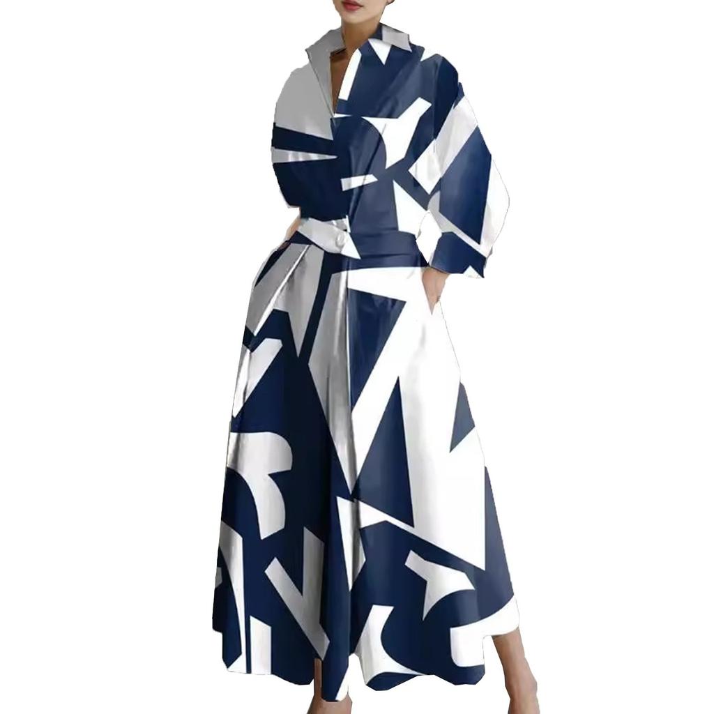 Damen Casual Mode 3/4 Ärmel V-Ausschnitt Blaues Kleid mit geometrischem Druck