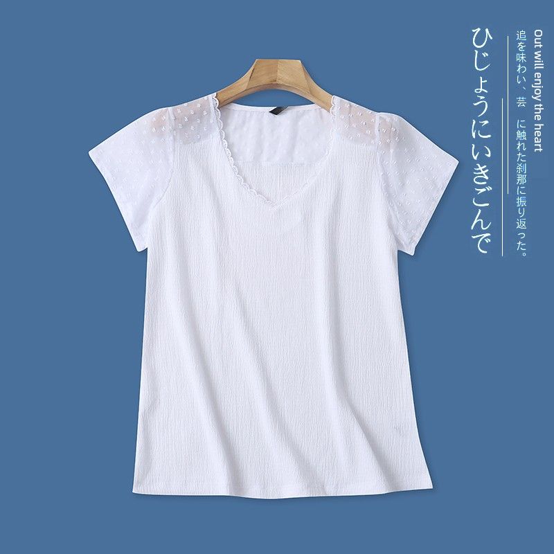 

1H/35 Лето Новая Зарубежная Торговля Женская одежда Мода Свободный Пуловер с V-образным вырезом Однотонная Сетчатая Вставка Футболка с коротким рукавом Маленькая Рубашка White M