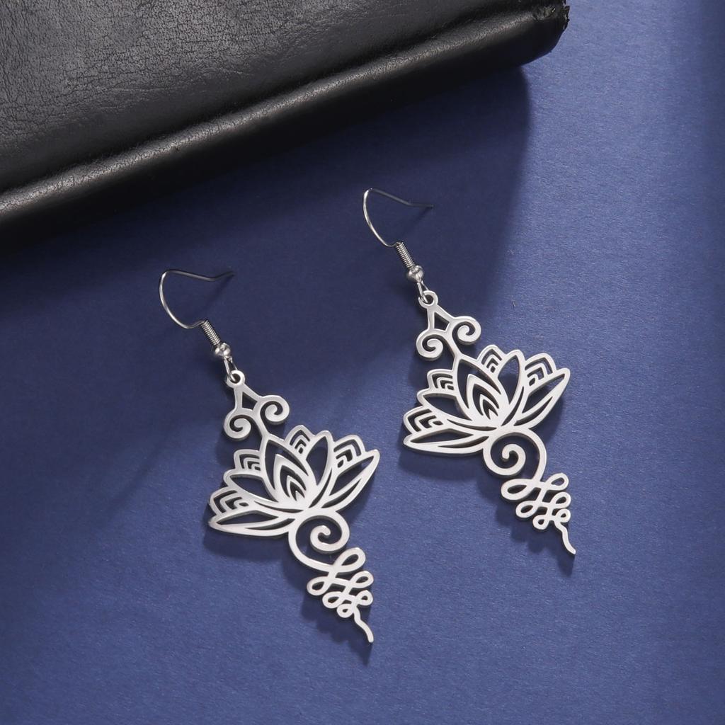 Unalome Pendant Earrings Hippie Stainless Steel Yoga Lotus Flower Drop Earrings for Women Unique Buddhism