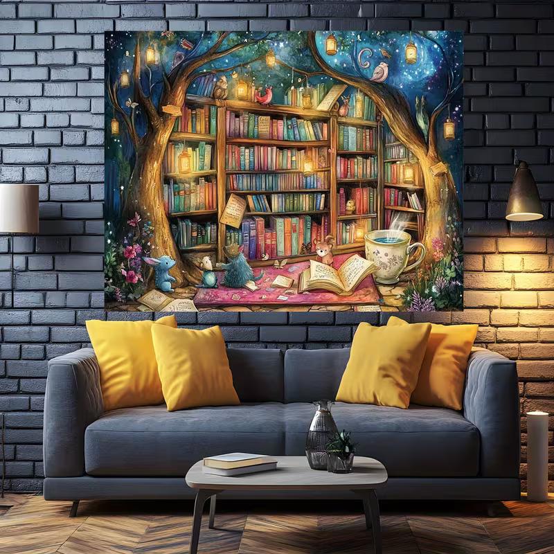 Arazzo 2D Biblioteca Fiabe Albero Libreria con Tazza da Tè Arte da Parete