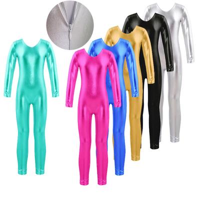 Çocuklar Kızlar Uzun Kollu Bale Dans Leotard Jimnastik Unitard Parlak Metalik Balerin Leotard Bodysuit