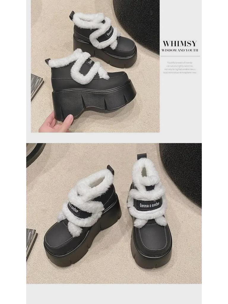 Women's Versatile Height-Boosting Velvet Platform Shoes with Velcro, for Autumn/Winter 2024