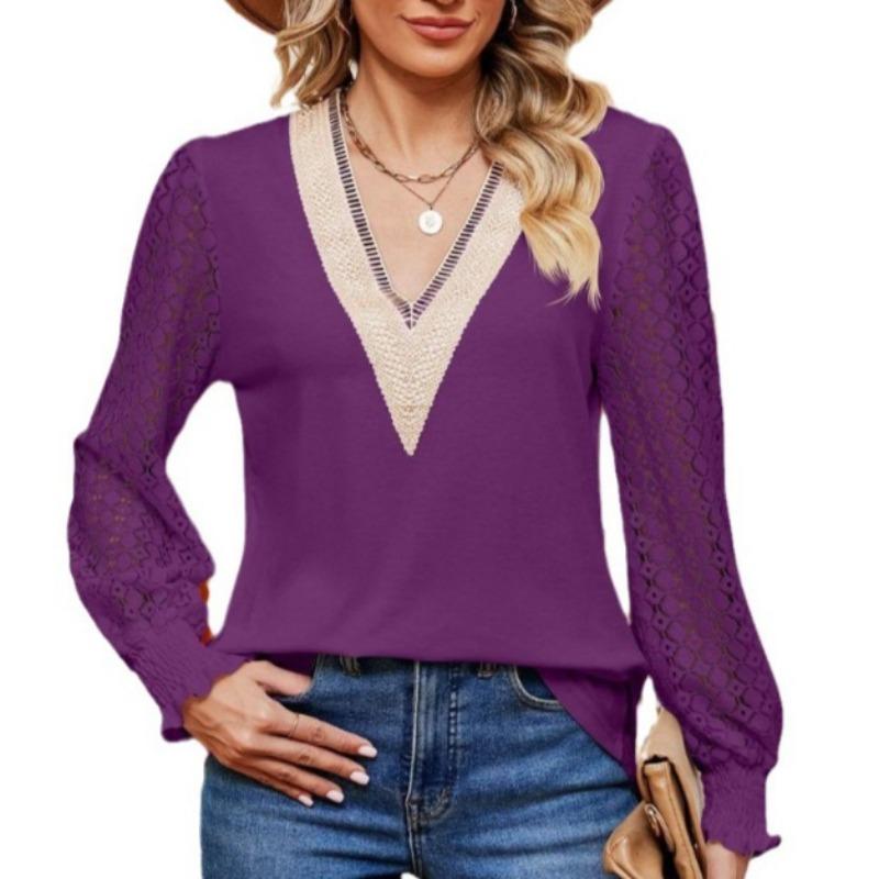 

Women s Autumn Summer V-neck Lace Patchwork Long Sleeved T-shirt Casual Top XXL фиолетовый