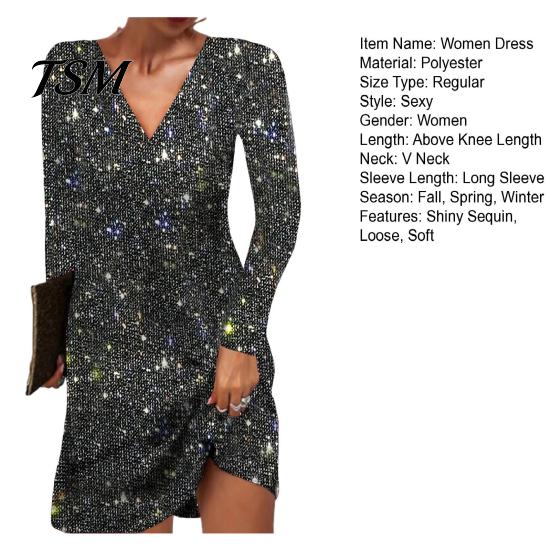 Lady Long Sleeve Dress Women V Neck Shiny Sequin Loose A-line Solid Color Fit Mini Soft Breathable Pullover Elastic Above Knee Length Party