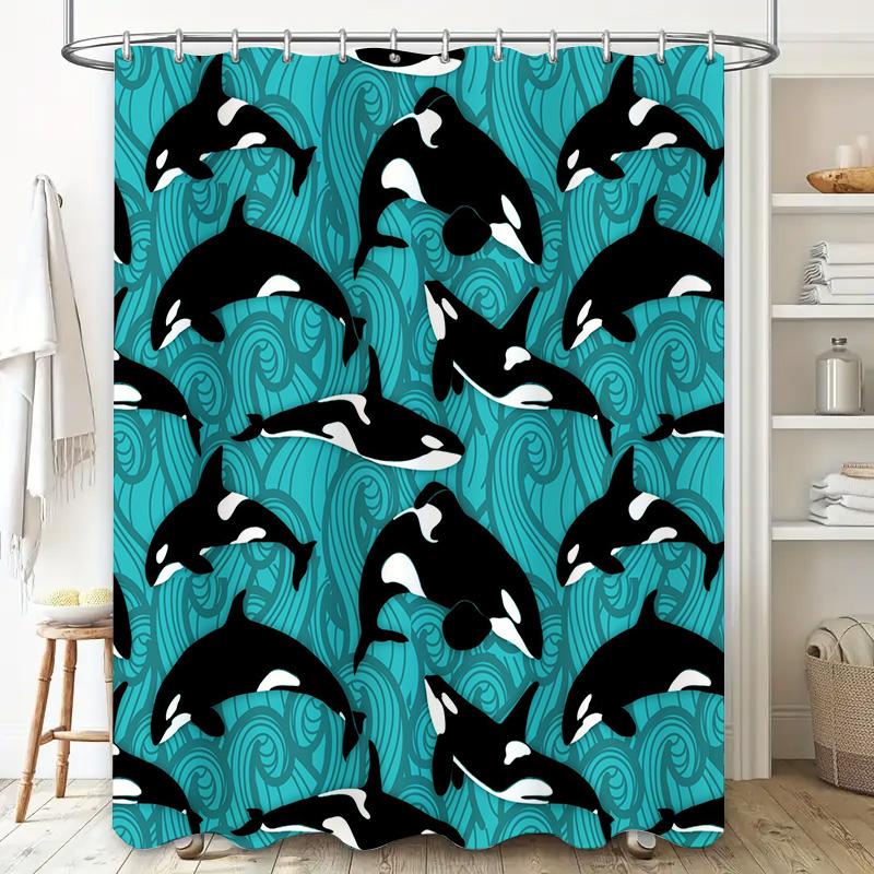 Blue Waves Whale Pattern Shower Curtain Waterproof Bath Decoration Home Decor